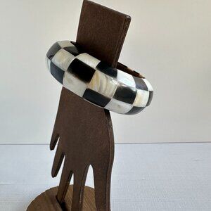 Bone and Horn Inlay Wood Bangle, Black and White Checkerboard Bracelet